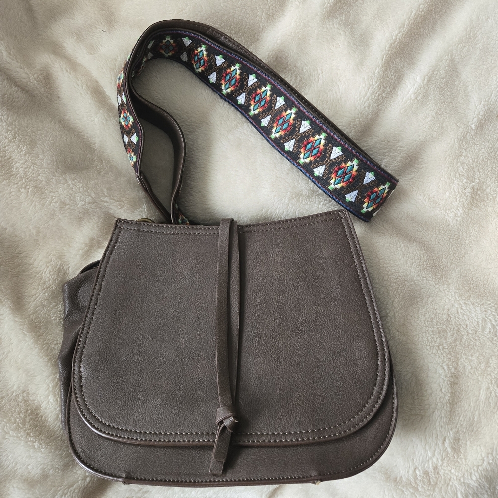 Steve Madden Embroidered Guitar Strap Brown Crossbody Bag